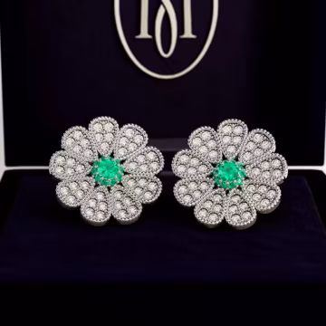 Handcrafted 14k White Gold Floral Earrings: Lab Grown Diamond & Emerald Studs