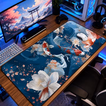 Ethereal Japanese Koi Desk Mat, Watercolor Floral Sakura Office Mouse Pad, Large Non Slip Gaming Mat, Zen Desk Protector, Workspace Decor