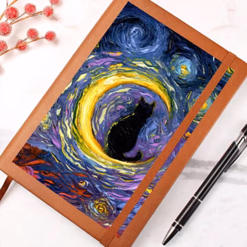 Leather Journal Celestial Black Cat on Crescent Moon Diary Writing Book Art Gift