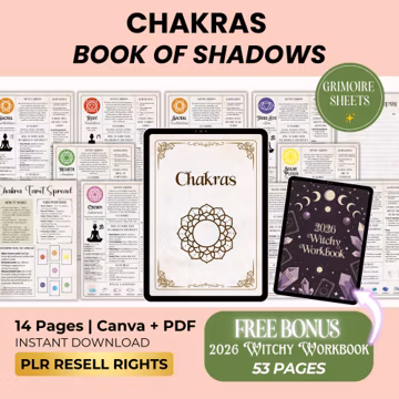 Chakra Book of Shadows, Witchy Chakra Basics Grimoire, Energy Healing & Ritual Magic, Canva + PDF, PLR Resell Rights