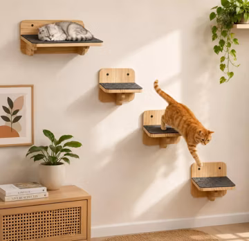4 Piece Cat Wall Shelves with Scratching Mat | Floating Wooden Cat Steps for Climbing Jumping and Napping | Indoor Cat Furniture