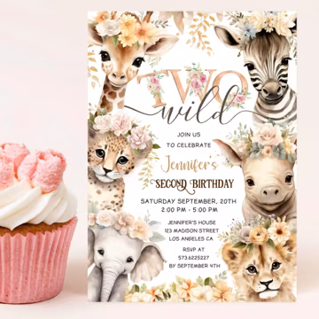 Safari Birthday Invitation Girl: Two WildTheme Editable Template, Digital Download