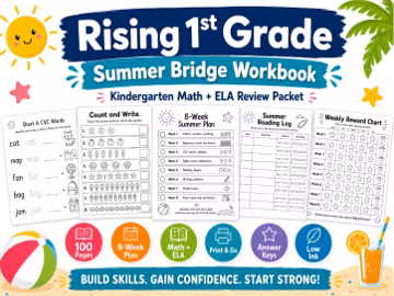 Rising 1st Grade Summer Review Packet, Kindergarten Math and ELA Workbook, Back to School Prep, Summer Bridge Activities, Print and Go PDF