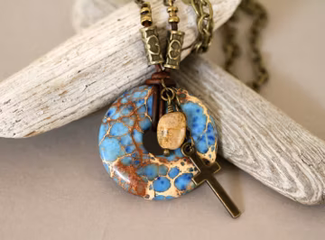 Blue Magnesite Donut Necklace: Antiqued Brass Cross, Leather Cord