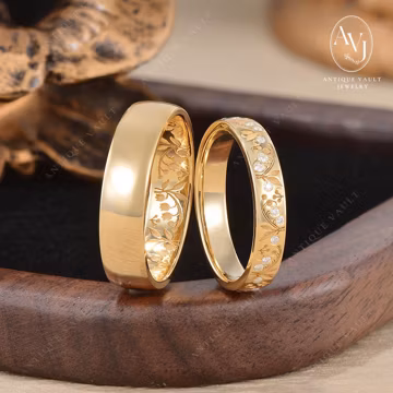 5mm Leaf Couple Rings Set Engraved Flower Moissanite His And Hers Wedding Rings Yellow Gold Nature Inspired Hand Craved Mens Band Promise