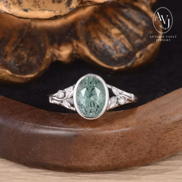 Vintage Firework Green Sapphire Engagement Ring Nature Inspired Leaf Moissanite Wedding Ring Bezel Split Solitaire Women Promise Ring