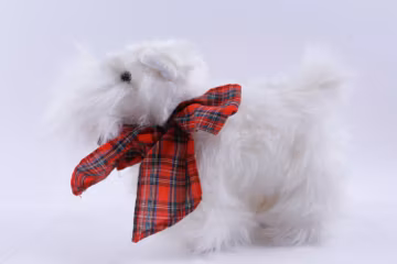 White Dog, sCNAUZER Plush, Soft, Toy, Doll, Long Fur, Red Bow Collar, Children, Vintage, Vintage Plush, Stuffed Animal ~ 20-01-727