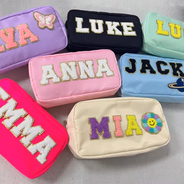 Custom Makeup Pouch, makeup bags with Patch Chenille Letter, Name Cosmetic bag, personalized gift for her, Bridesmaid Gift