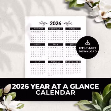 Minimalist Black and White 2026 Year at a Glance Printable Calendar Full Year Overview PNG Desk Office Wall Planner Instant Download NY010