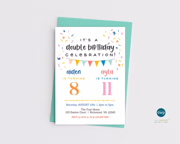Editable Double Birthday Invitation for 2 Kids - Colorful Joint Party Invite Template - Edit Online, Instantly Download 5x7" Digital File