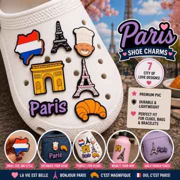 France Shoe Charms – Paris, Eiffel Tower, Croissant Accessories for Clogs