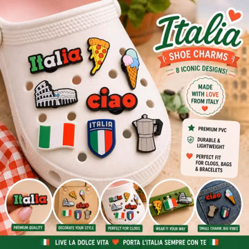 Italy Shoe Charms – Pizza, Gelato, Flag, Colosseum Accessories for Clogs, Sandals, Sneakers, Bags & Bracelets with holes