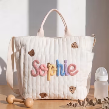 Personalized Quilted Diaper Tote With Yarn Name Bear Patch Nursery Organizer For Newborn Essentials