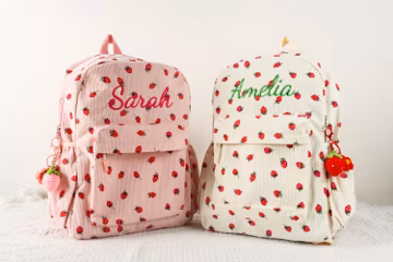 Custom Strawberry Name Backpack, Personalized School Bag For Her, Toddler Embroidered Name Backpack, Personalized Corduroy Backpack For Her