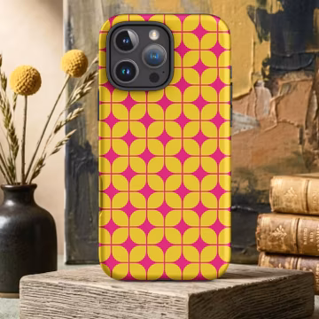 Bauhaus Pattern Tough Case for iPhone - Modern Abstract Art Yellow Pink, Dual Layer Protection