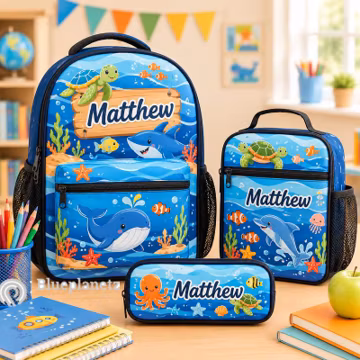 Personalized Kids Backpack Set, Under The Sea School Bag Lunch Box Pencil Case, Custom Name Shark Back to School Gift Set, Set of 3