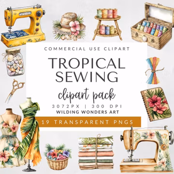 Tropical Sewing Clipart Pack for Commercial Use, Vintage Clipart, Watercolor Sewing, Seamstress, Quilting, Floral Fabric, DIGITAL DOWNLOAD