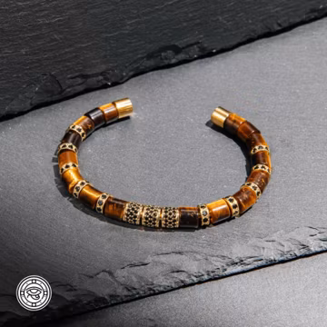 Tiger Eye Natural Stone & Gold Beads Cuff Bracelet, Gift For Him, Powerful Spiritual Protection