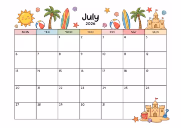 Printable July 2026 Calendar, Editable Calendar, Yellow Summer Sun at the Beach, School Calendar, Homeschool Calendar, Cute Beach Calendar
