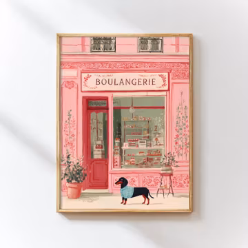 French Cafe Print with Dog – Dachshund Paris Wall Art, Cute Boulangerie Wall Decor, Pink Paris Wall Art, Whimsical Kitchen Art