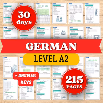 German A2 Language Learning Workbook, 30 Day Self-Study Grammar Practice, Printable PDF Study Planner