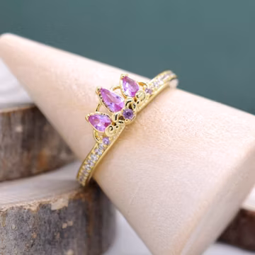 14k gold plating Princess Rapunzel Tiara Ring, Cubic Zirconia