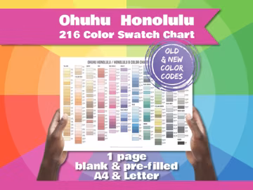 Ohuhu Honolulu 216 Farben Swatch Chart | Alte und neue Farbnummern | Blank und vorausgefüllt | 1 Seite PDF (A4 & Letter)