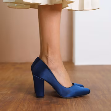 Navy Blue Bridal Heels, Silky Satin Wedding Shoes, Elegant High Block Heels, Classical Designer Wedding Shoes, Party Wear Women Pumps