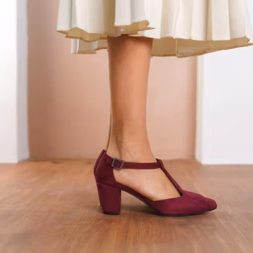 Burgundy Mary Jane Shoes, Dark Red Vegan Suede T-Straps Boho Wedding Medium High Heel, Maroon Low Heeled Shoes, Women Vintage Wedding Sandal
