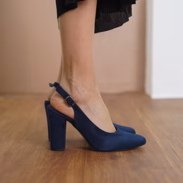 Dark Blue Bridal Heels, Vegan Suede Wedding Shoes, High Block Heels for Bride, Navy Blue Classic Women Closed Slingback Wedding Sandals