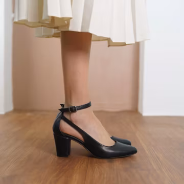 Black Wedding Heels, Vegan Leather Bridal Shoes with Medium High Block Heels, Classic Ankle Strap Bridesmaid Wedding Sandals, Gift for Her