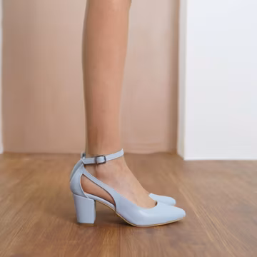 Baby Blue Wedding Heels, Vegan Leather Bridal Shoes with Medium High Block Heels, Light Blue Classic Ankle Strap Bridesmaid Wedding Sandals