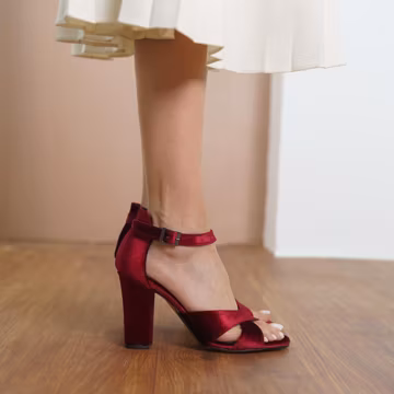 Burgundy Criss Cross Shoes, Red Silky Velvet Open Toe Ankle Straps Wedding Shoes High Block Bridal Heels, Brides Wedding Heels, Gift for Her