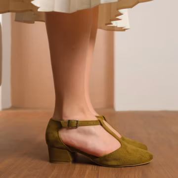 Olive Green Mary Jane Shoes, Light Sage Green Vegan Suede T-Straps Boho Wedding Heels, Bridal Low Heeled Shoes, Women Short Wedding Sandals