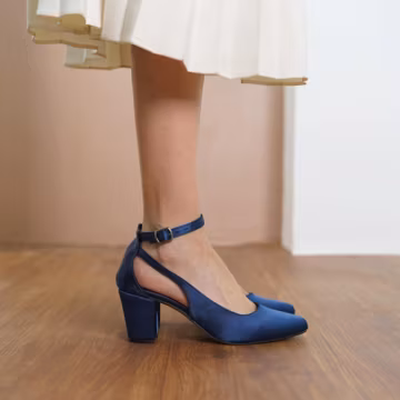 Navy Blue Wedding Heels, Silky Satin Bridal Shoes with Medium High Block Heels, Dark Blue Ankle Strap Bridesmaid Wedding Sandals