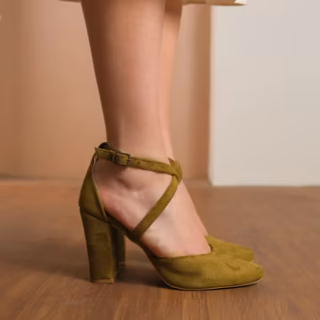 Olive Green Criss Cross Heels, Vegan Suede Closed Toe Ankle Straps Wedding Heels with High Block Bridal Shoes, Green Brides Wedding Shoes