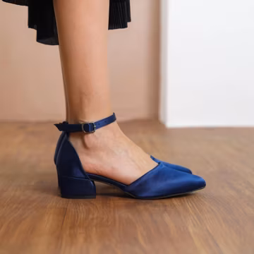 Navy Blue Wedding Heels, Silky Satin Wedding Shoes, Low Block Heels for Bride, Navy Blue Women Ankle Strap Wedding Short Flat Sandals