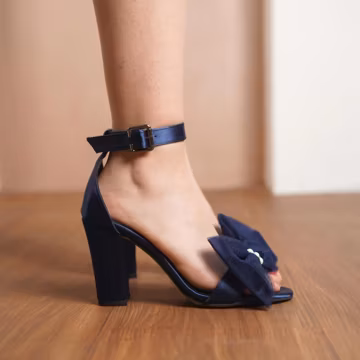 Navy Blue Bow Tie Heels, Silky Satin Open Toe Ankle Straps Wedding Evening Shoes High Block Bridal Heels, Tulle Wedding Shoes for Brides