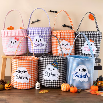 Personalized Halloween Basket, Gingham Trick or Treat Bag, Ghost Appliqué