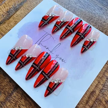Christmas Sweater Press On Nails/Plaid/Crystal Nails/Beaded Details/Christmas Sweater/Holiday Festive Nails/Red/Black/Silver/Perfect Gift