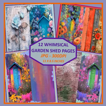 Junk Journal Colorful Whimsical Garden Sheds, JPEG Images