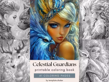 Fantasy Grayscale Adult Coloring Book: Women and Beasts, 41 Pages, Printable PDF + Colored Version