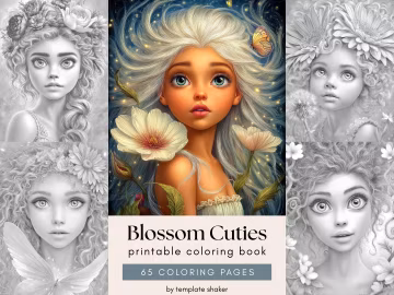 Spring Petals Girls Coloring Book: Grayscale Pages for Adults, Printable PDF, Colored Version Included