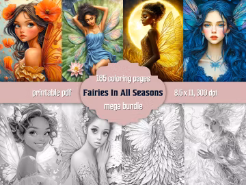 Fairy Coloring Book Bundle: Grayscale Fantasy Art, Printable PDF, Digital Download