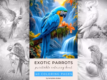 Exotic Parrots Coloring Book: 40 Grayscale Pages, Printable PDF, Colored Version Included, Instant Download