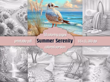 Summer Landscape Coloring Book: Grayscale Relaxing Pages, Printable PDF, Colored Version Included
