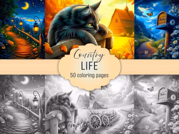 Country Life Adult Coloring Book: Grayscale Pages, Rural Scenes, Printable PDF, Colored Version Included