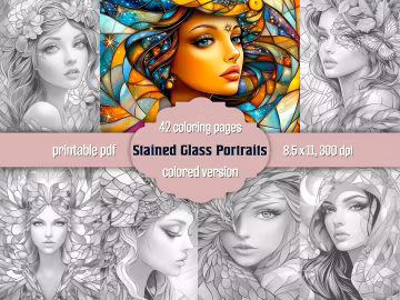 Stained Glass Women Portraits: 42 Grayscale Coloring Pages, Printable PDF, Colored Version