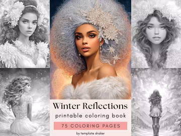 Winter Women Portraits Adult Coloring Book PDF, 75 Printable Grayscale Pages, Colored Version Included