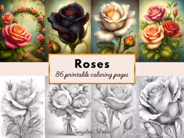 Roses Coloring Book: 86 Floral Grayscale Pages for Adults, Printable PDF, Colored Version